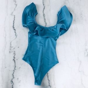 Charlotte Russe Blue Ruffle Off-Shoulder Bodysuit
